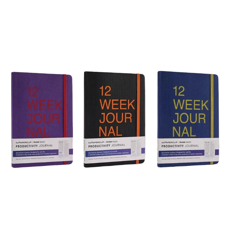 Three '12 Week Journal' productivity journals in different colors on a white background