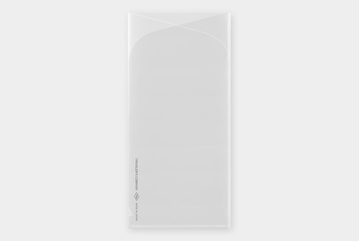 Three fold plastic file 029 for Traveler's notebook with a green label on a white background