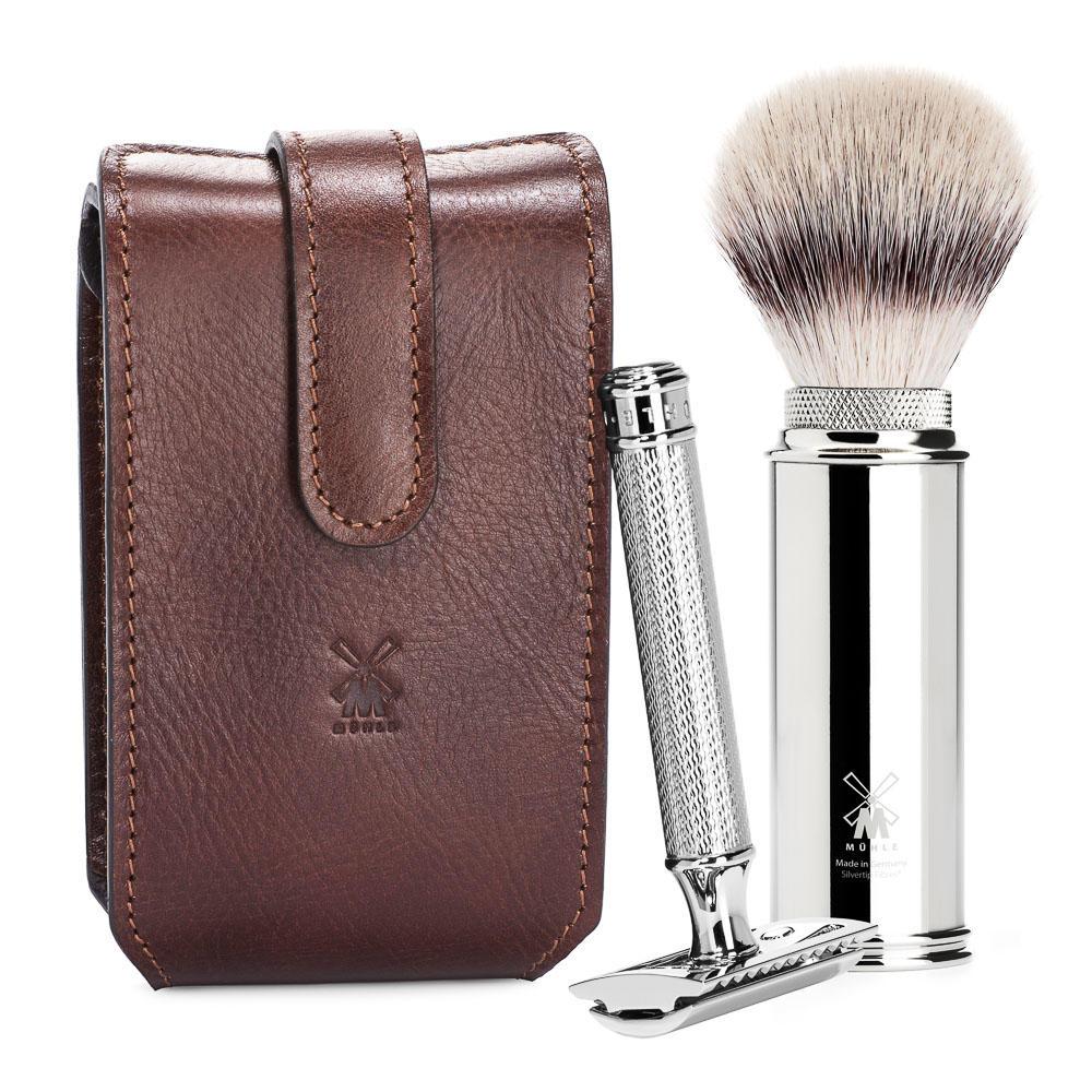 Muhle Brown Leather Case Travel Set with Silvertip Fibre Brush & Safety Razor