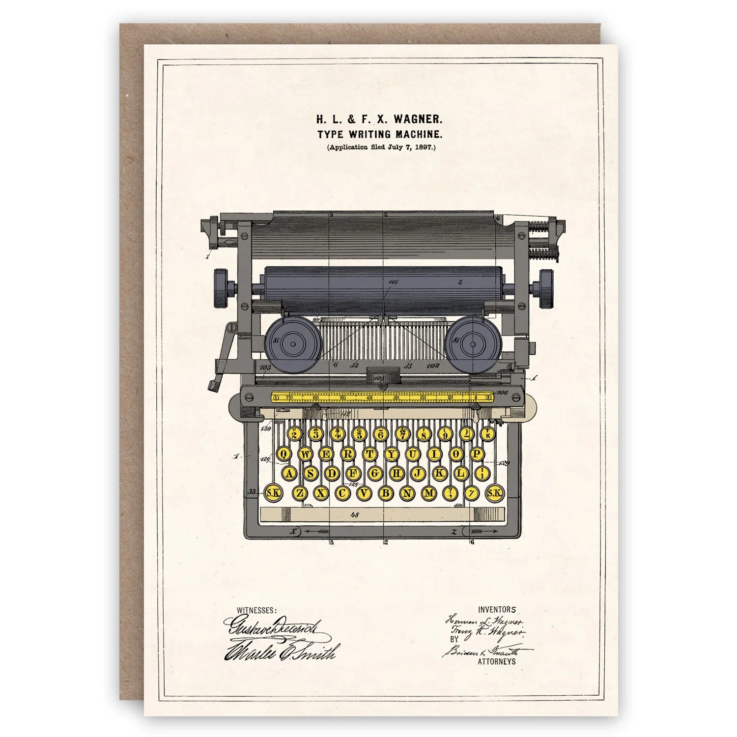 Vintage-style typewriter illustration on a beige background with text