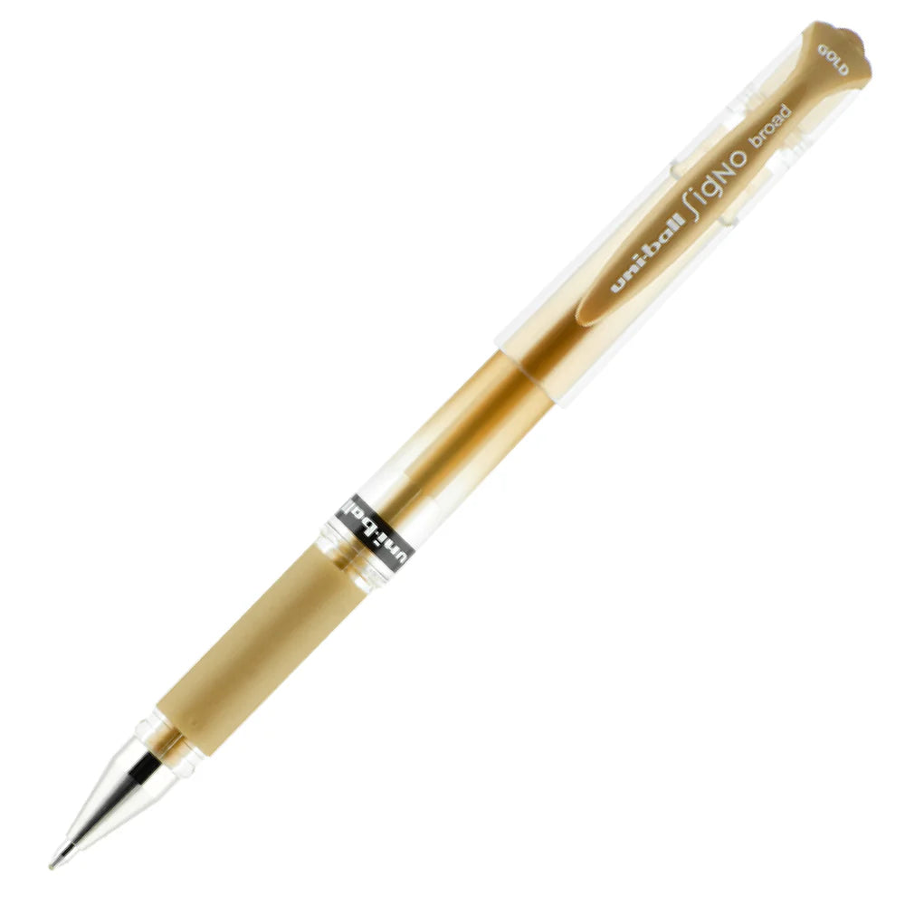 Gold pen with visible branding on a white background