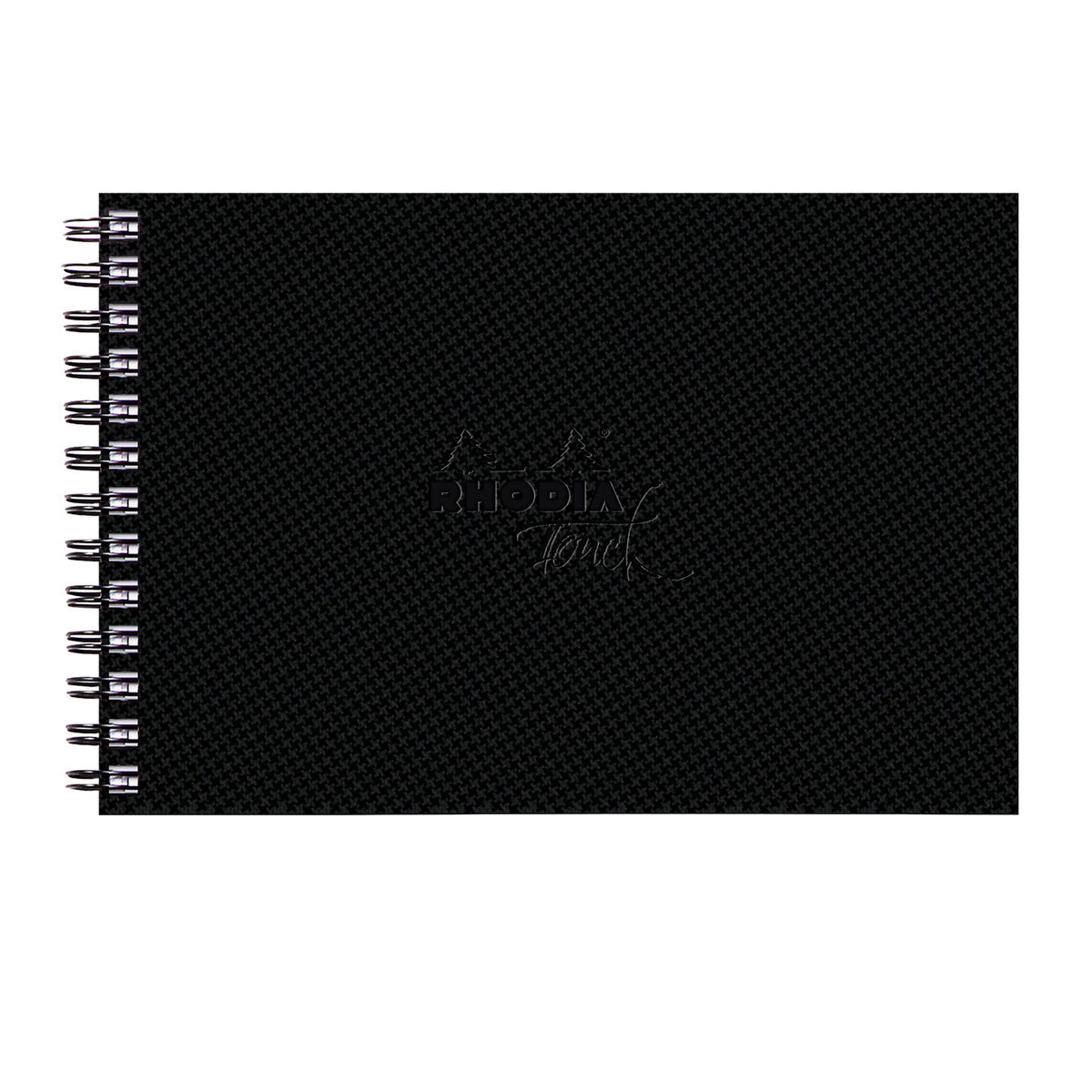 A black spiral-bound notebook with a subtle textured cover and silver wire binding, shown on a plain white background.