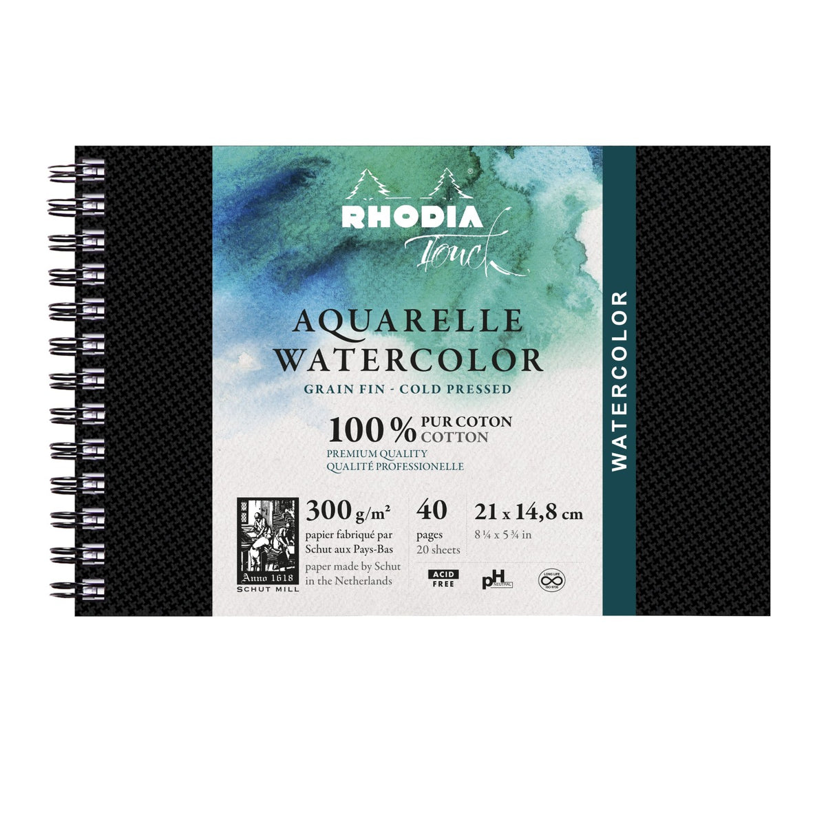 Rhodia Aquarelle Watercolor paper pad, 300 g/m², 40 pages, 20 sheets, with a black spiral binding and a front cover featuring a watercolor design.