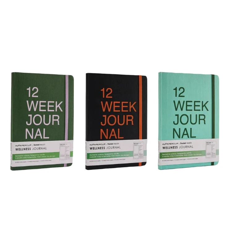 Three '12 Week Journal' books in different colors on a white background