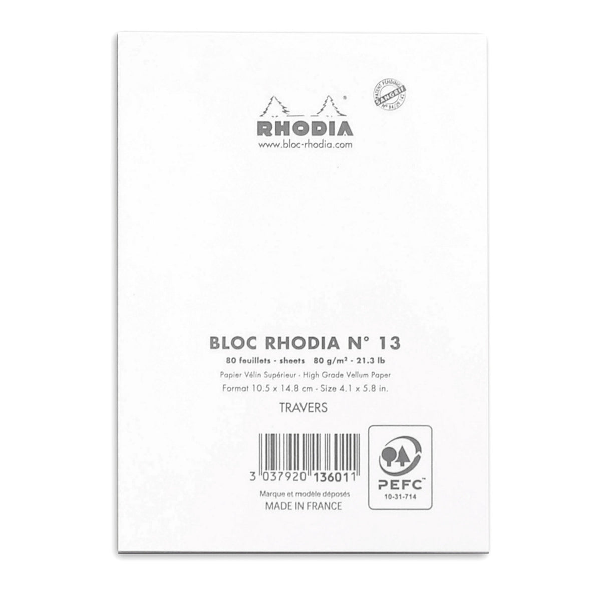 Rhodia No.13 Top Stapled Notepad A6 White