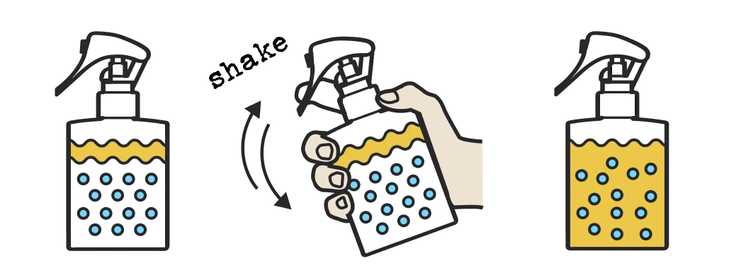 Illustration of a spray bottle with shaking instructions on a white background