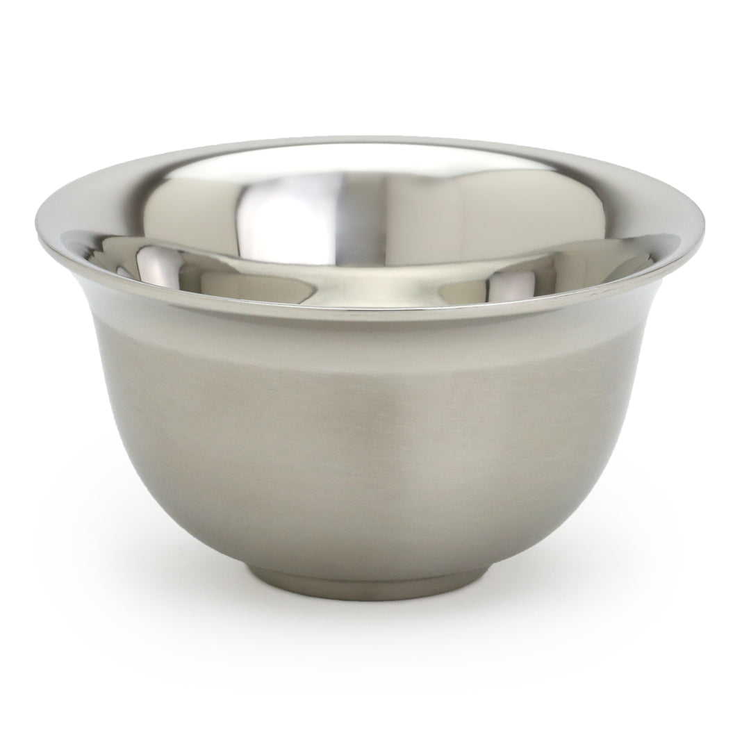 The Stray Whisker&#39;s stainless steel lather bowl, three quarter top view
