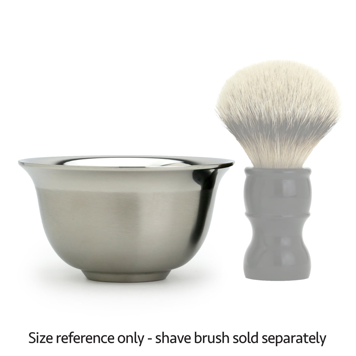 Size reference image of the stainless steel bowl next to the Stray Whisker Shaving Brush - shave brush is sold separately