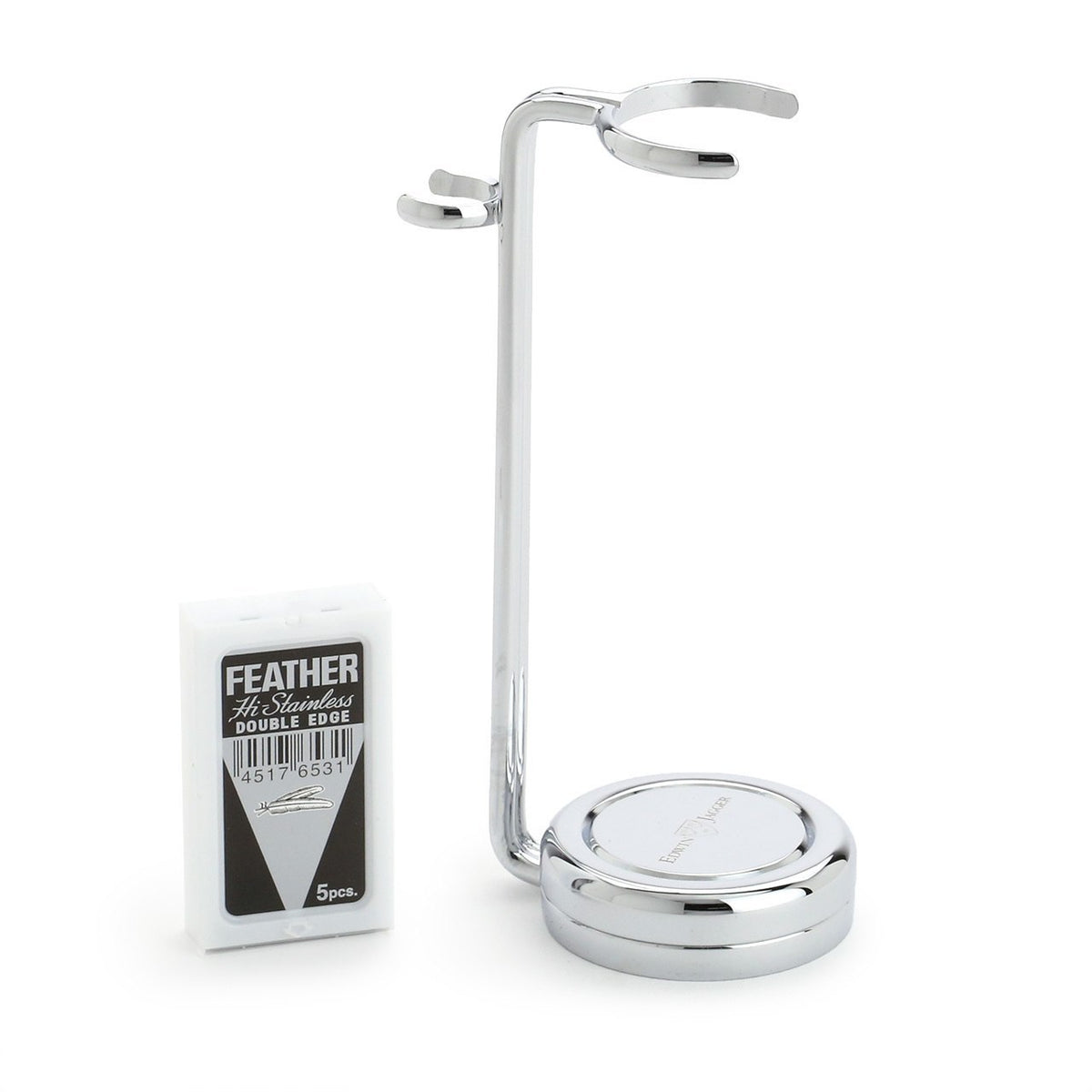 Edwin Jagger shaving stand for brush and safety razor, with a tuck of feather blades