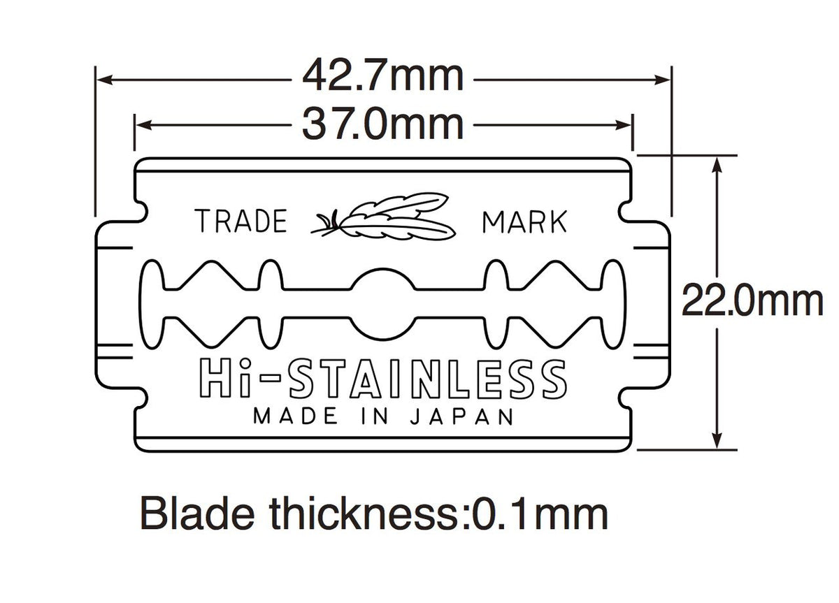 Standard Measurements of a feather razor blade 42.7mm x 22mm by 0.1mm thick