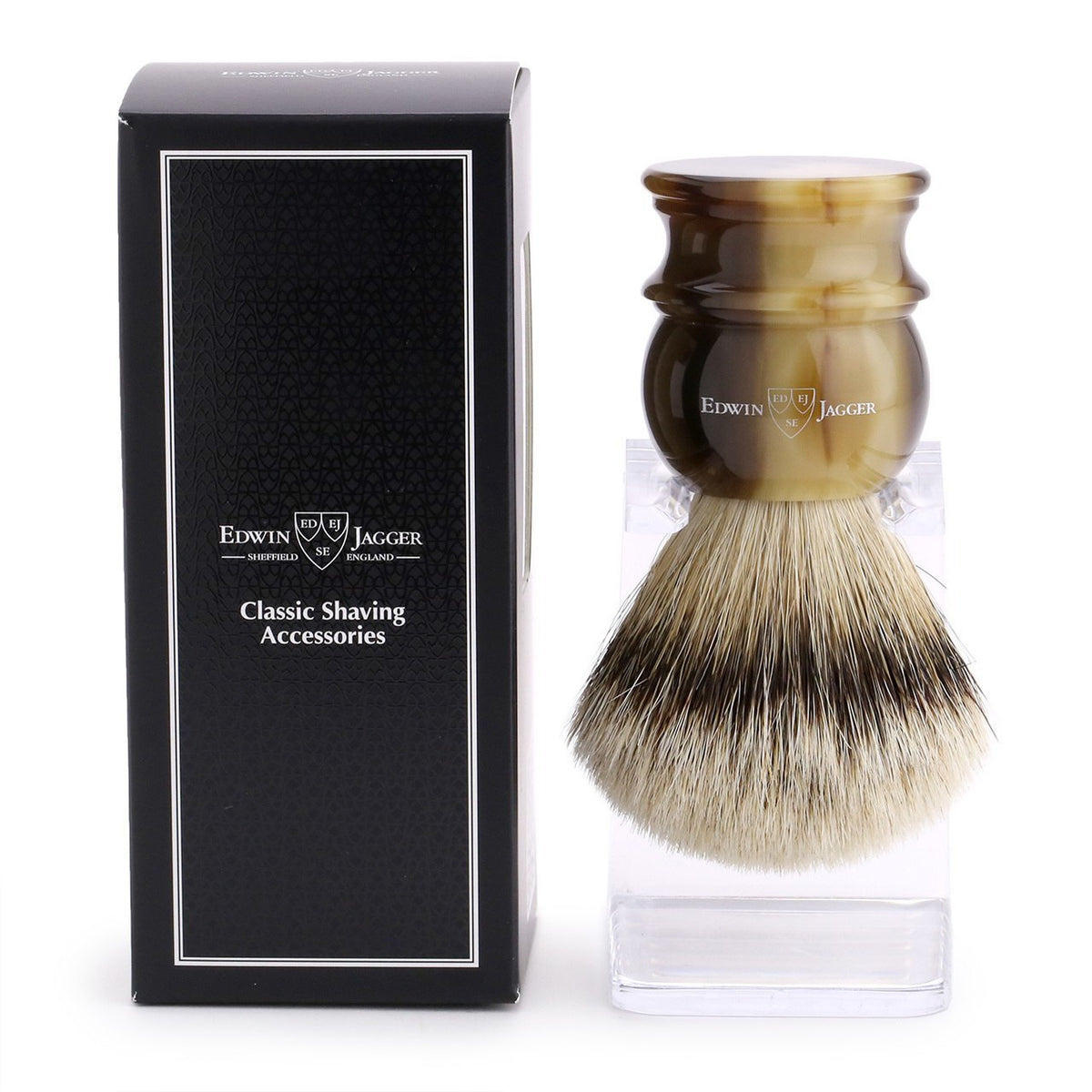Edwin Jagger Shave brush, Silvertip badger knot with Faux Horn handle. With Drip Stand and black packaging