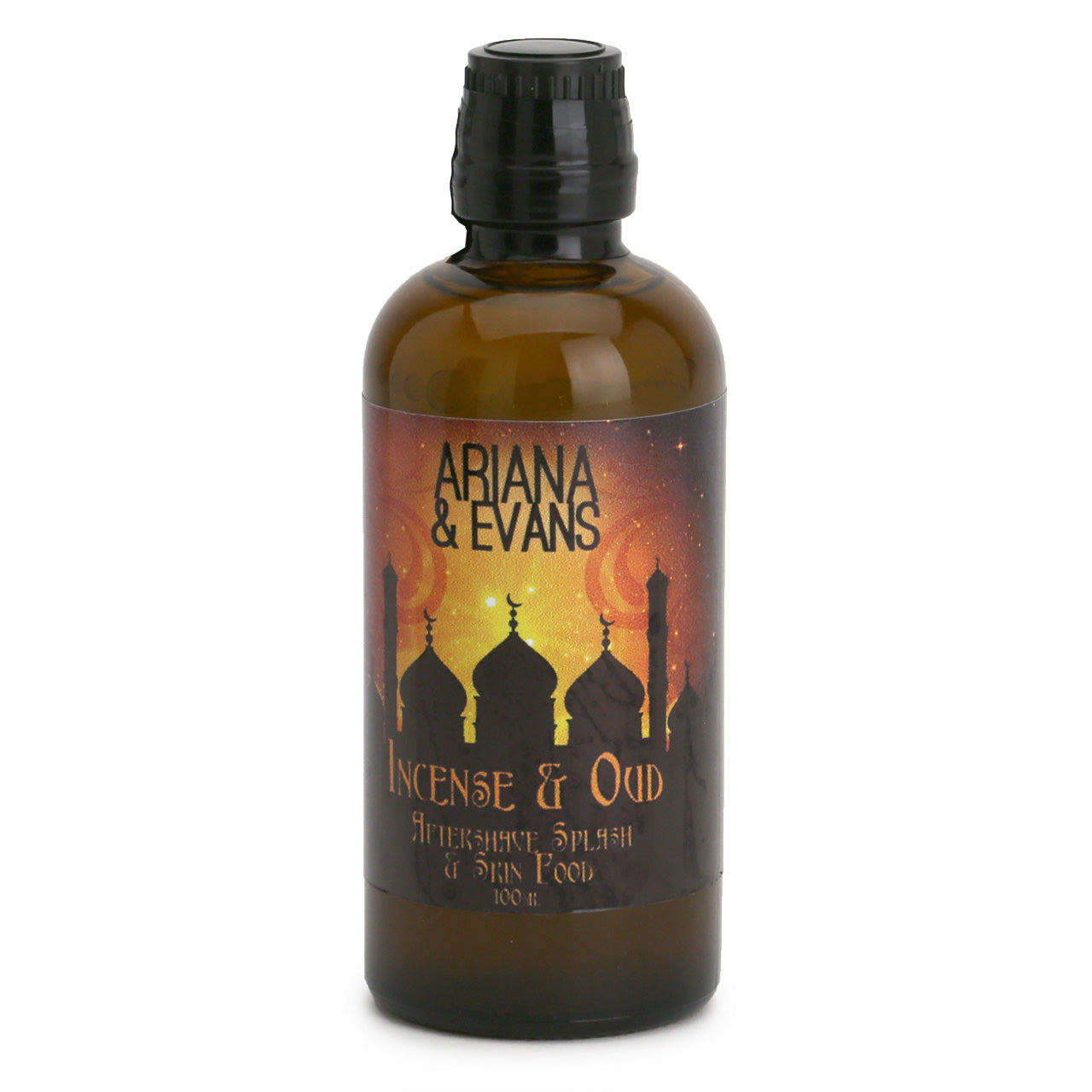 Incense & Oud After Shave Splash Skin Food from Ariana & Evans showing the three black minarets in front of an orange and yellow sky 
