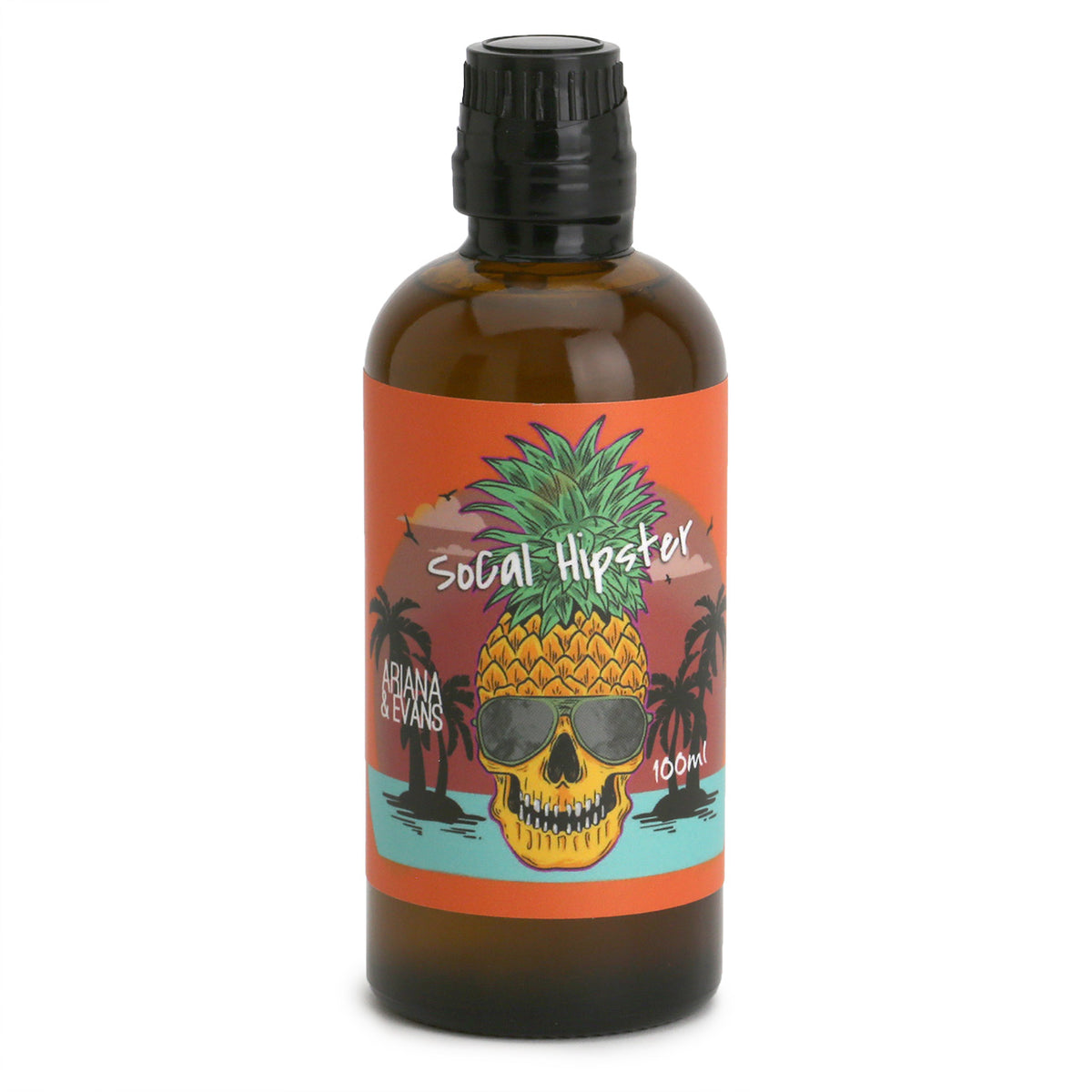 SoCal Hipster After Shave Splash Skin Food from Ariana &amp; Evans is an Amber bottle with an orange label showing a Pineapple head wearing sunglasses