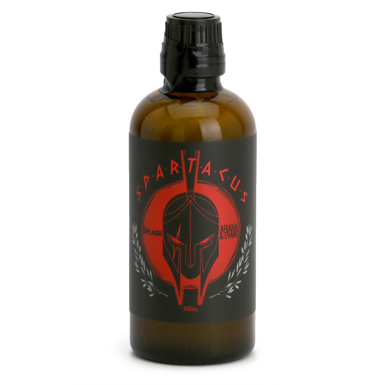 Spartacus Aftershave Splash Skin Food has a red and black label with a gladiator mask on an amber bottle