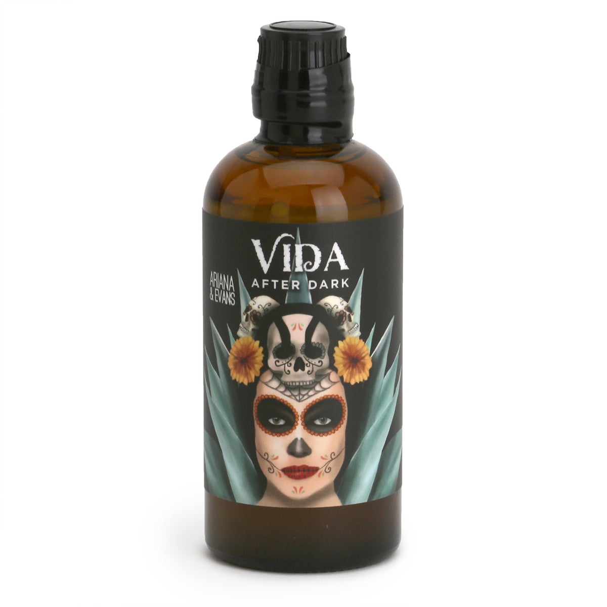Amber bottle with woman&#39;s painted face on the label for Ariana &amp; Evans Vida After Dark After Shave Splash Skinfood 