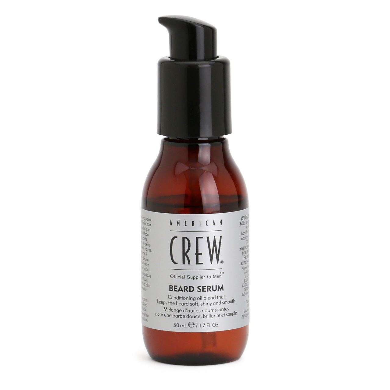 American Crew Beard Serum amber bottle with silcer and black label and a black serum pump cap