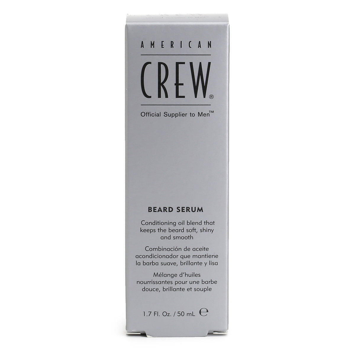 Silver cardboard packaging for American Crew Beard Serum - Conditioning oil blend that keeps the beard soft, shiny and smooth.