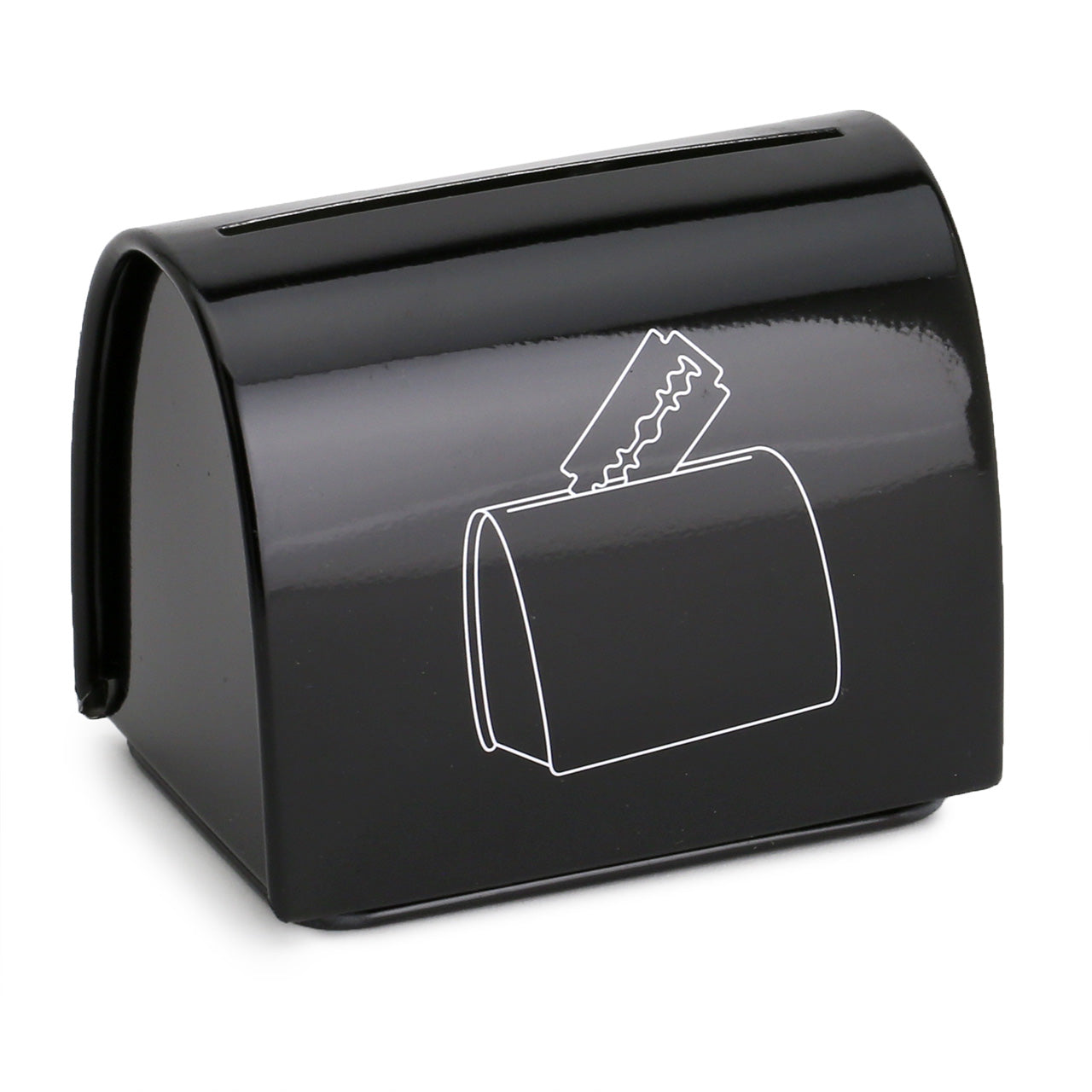 black metal blade bank viewed from three quarter side angle to show the arch topped end panel and the insertion slit along the length of the top. I has a picture of the blade bank with a double-edge blade being inserted from above.