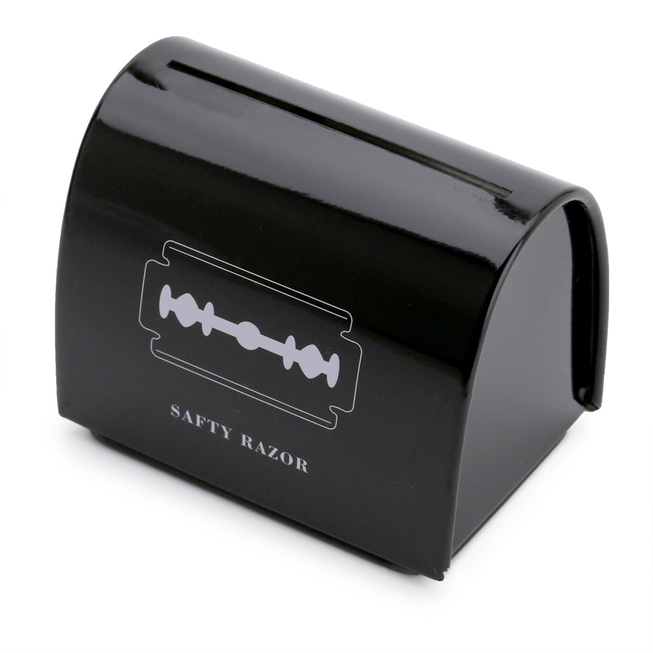 black metal blade bank viewed from three quarter side angle to show the arch topped end panel and the insertion slit along the length of the top. I has a picture of the blade bank with a double-edge blade being inserted from above.