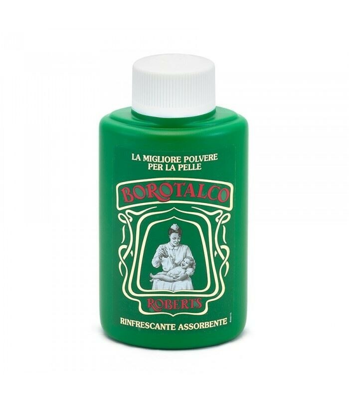 A green plastic bottle with a white cap containing Borotalco Talc Body Powder. The label features the brand name and an image of a seated goddess.