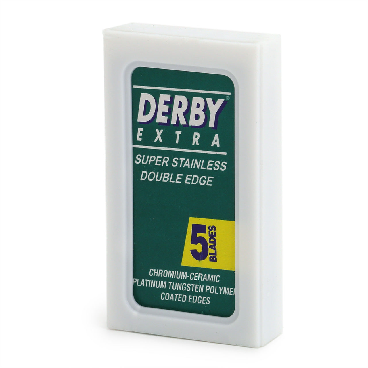 Derby Extra tuck of 5 blades comes in a white travel container which will hold the used blades in the back