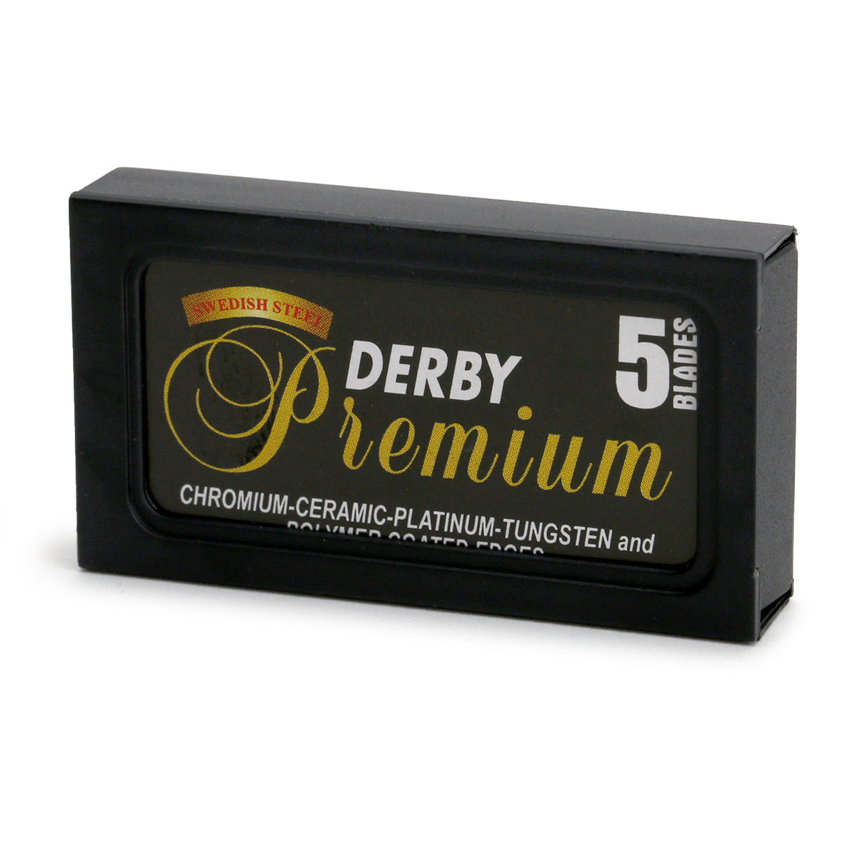 Derby Premium tuck of 5 blades comes in a black travel container which will hold the used blades in the back