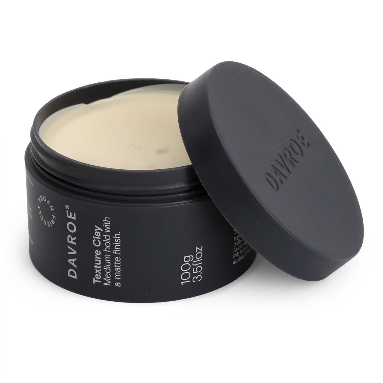 Charcoal grey tub of Davroe Texture Clay Vegan friendly hair pomade