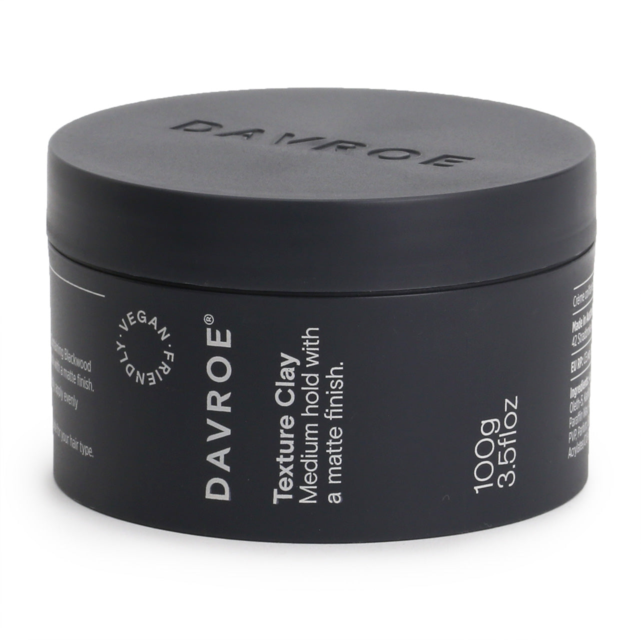 Charcoal grey tub of Davroe Texture Clay Vegan friendly hair pomade