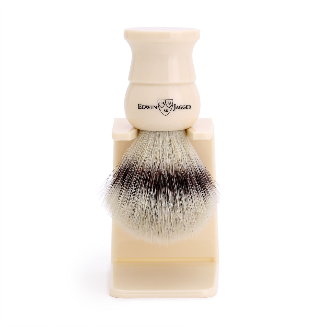 Edwin Jagger Ivory Cruelty Free Shaving Brush on drip stand