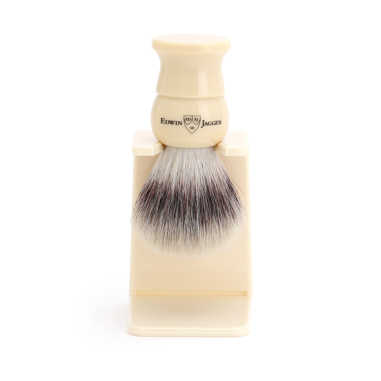 Edwin Jagger Ivory Cruelty Free Shaving Brush on drip stand