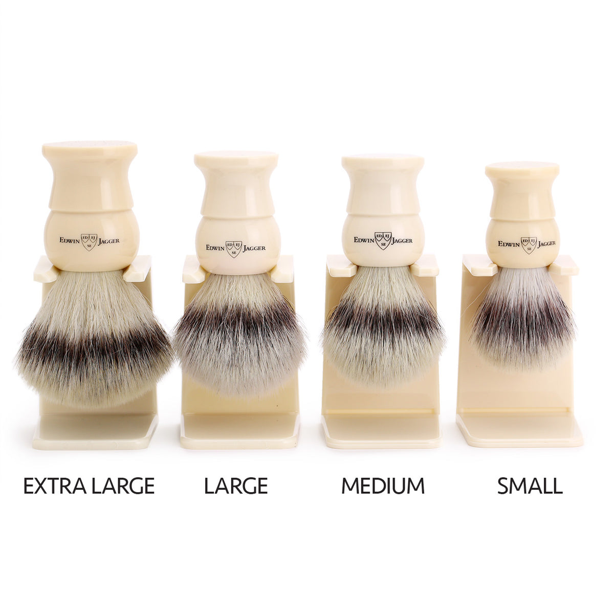 Edwin Jagger Cruelty Free Ivory shaving brushes comparison of 4 sizes