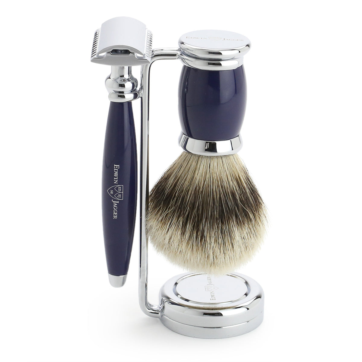 Shaving set with Super Badger Shaving Brush, Safety Razor and Stand in Navy Blue