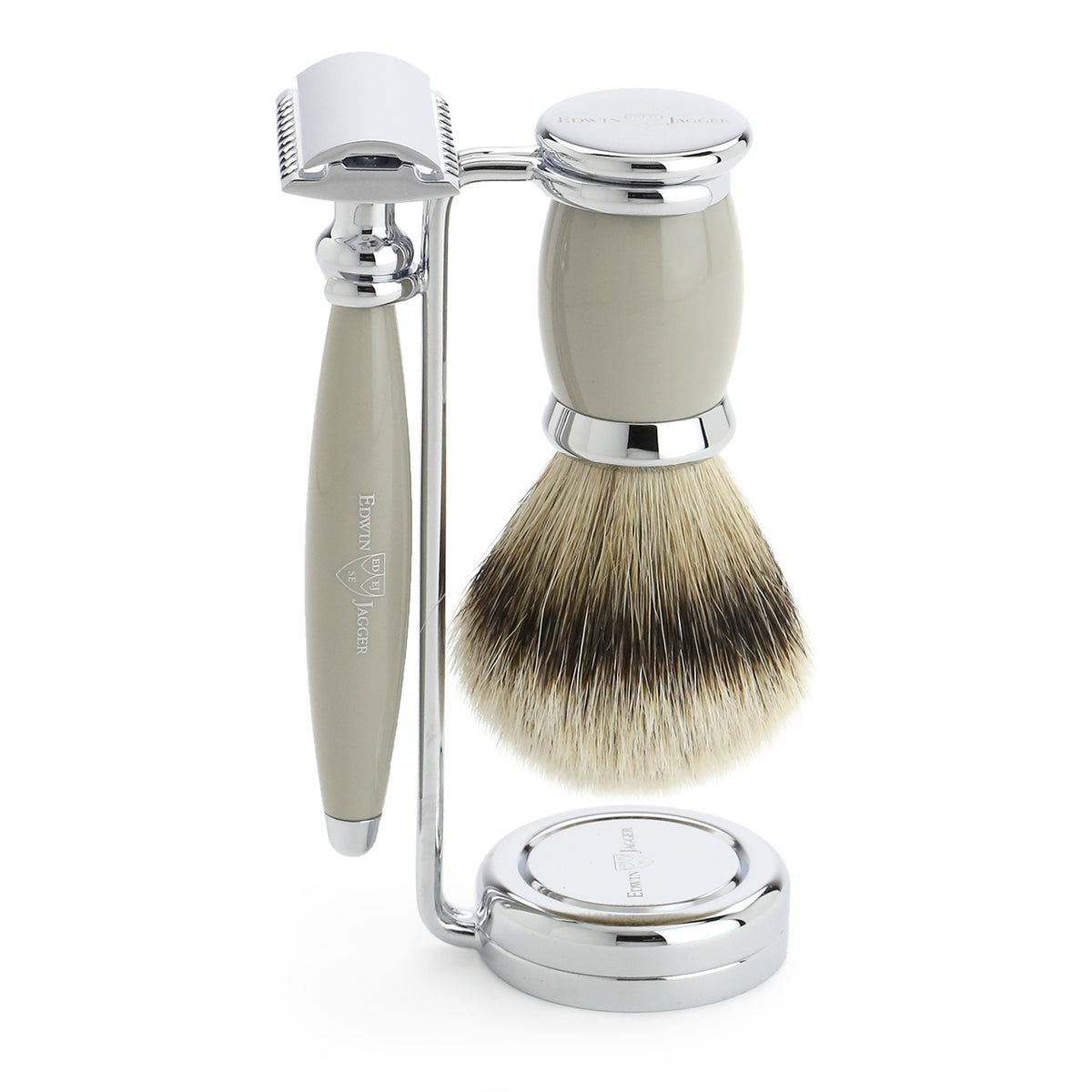 Shaving set with Super Badger Shaving Brush, Safety Razor and Stand in light grey