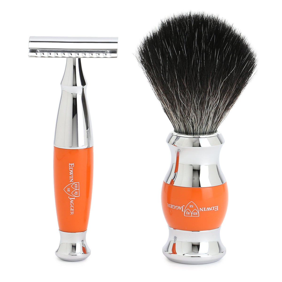 Edwin Jagger chrome and Orange safety razor and shaving brush with black cruelty-free fibre
