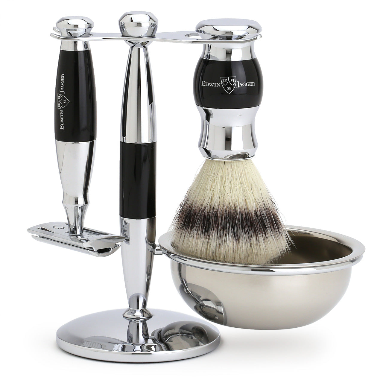 Edwin Jagger Shaving Set with Safety Razor, Shaving Brush, Soap Bowl and Stand - Imitation Ebony