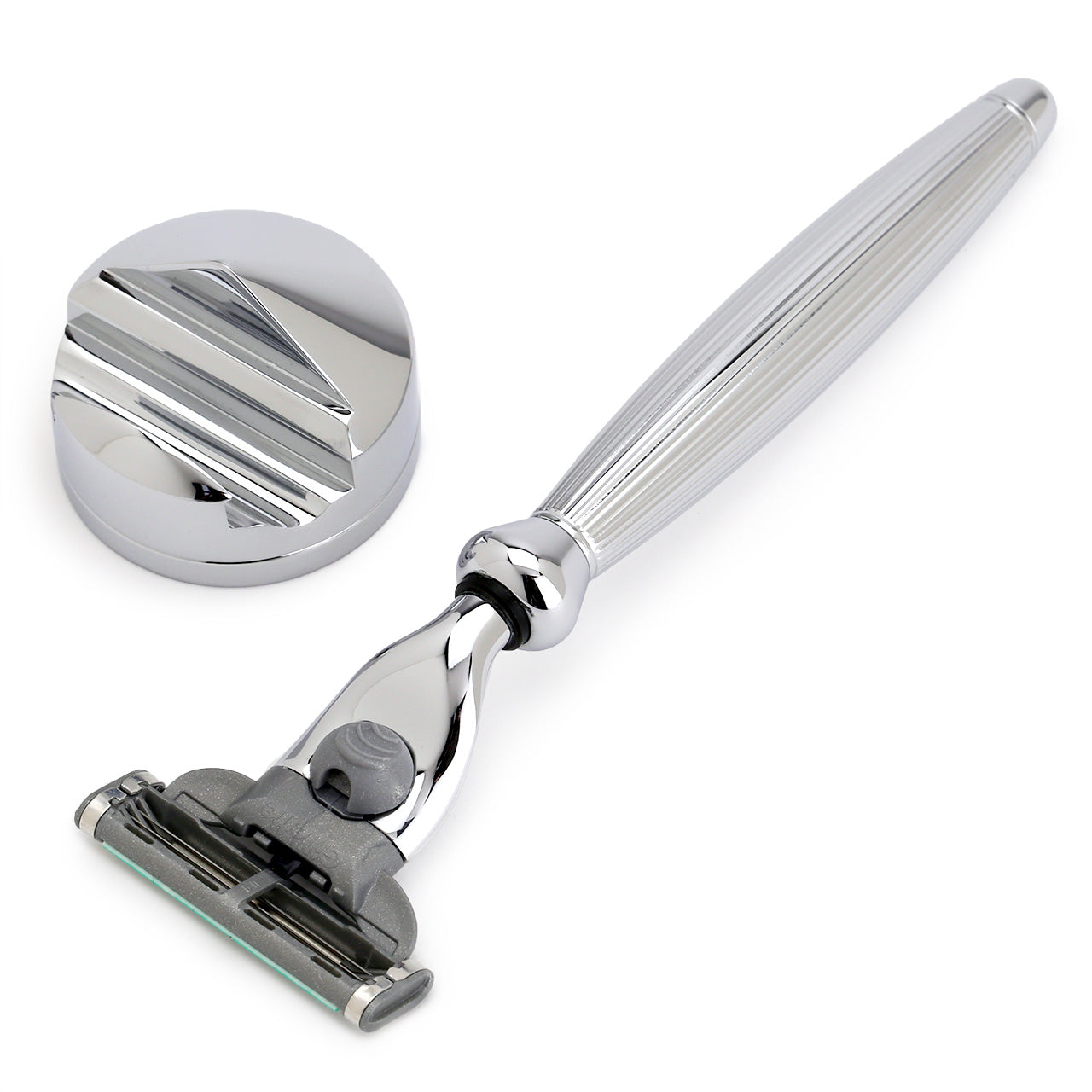 Edwin Jagger Mach3 Razor & Stand Lined Chrome Bulbous