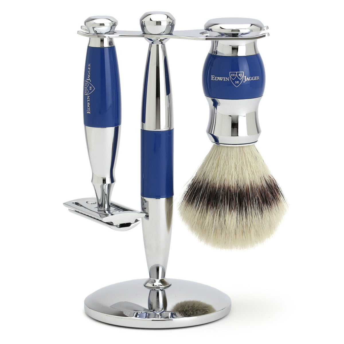 Edwin Jagger Shaving Set with Safety Razor, Shaving Brush and Stand - Blue