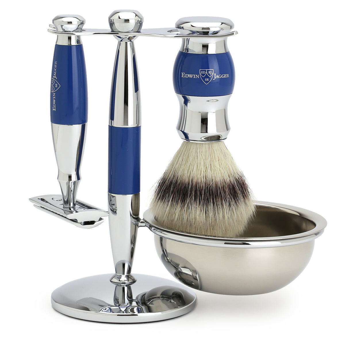 Edwin Jagger Shaving Set with Shaving Brush, Safety Razor, Stand and Bowl - Blue