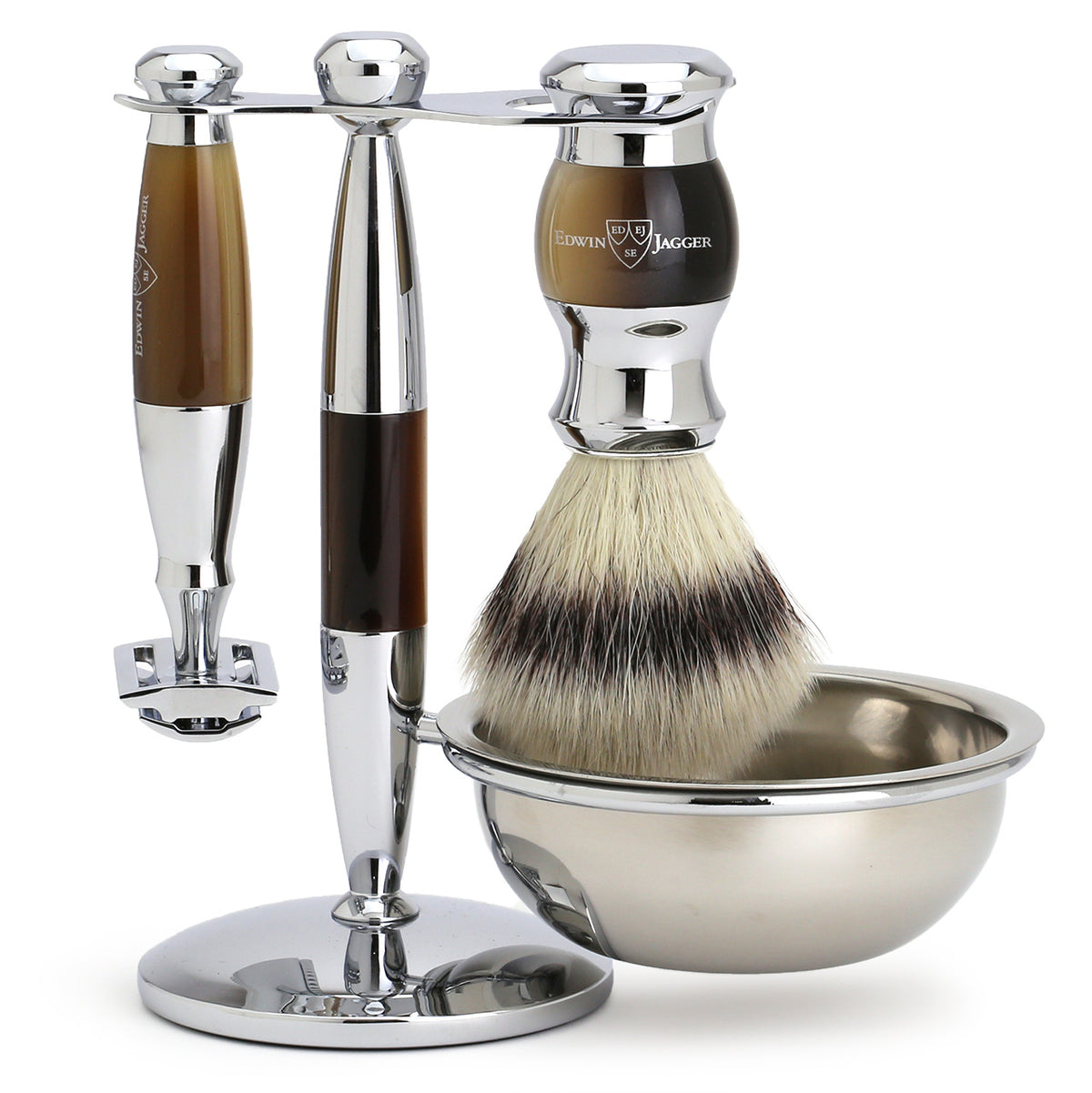Edwin Jagger Shaving Set with Shaving Brush, Safety Razor, Stand and Soap Bowl - Imitation Light Horn