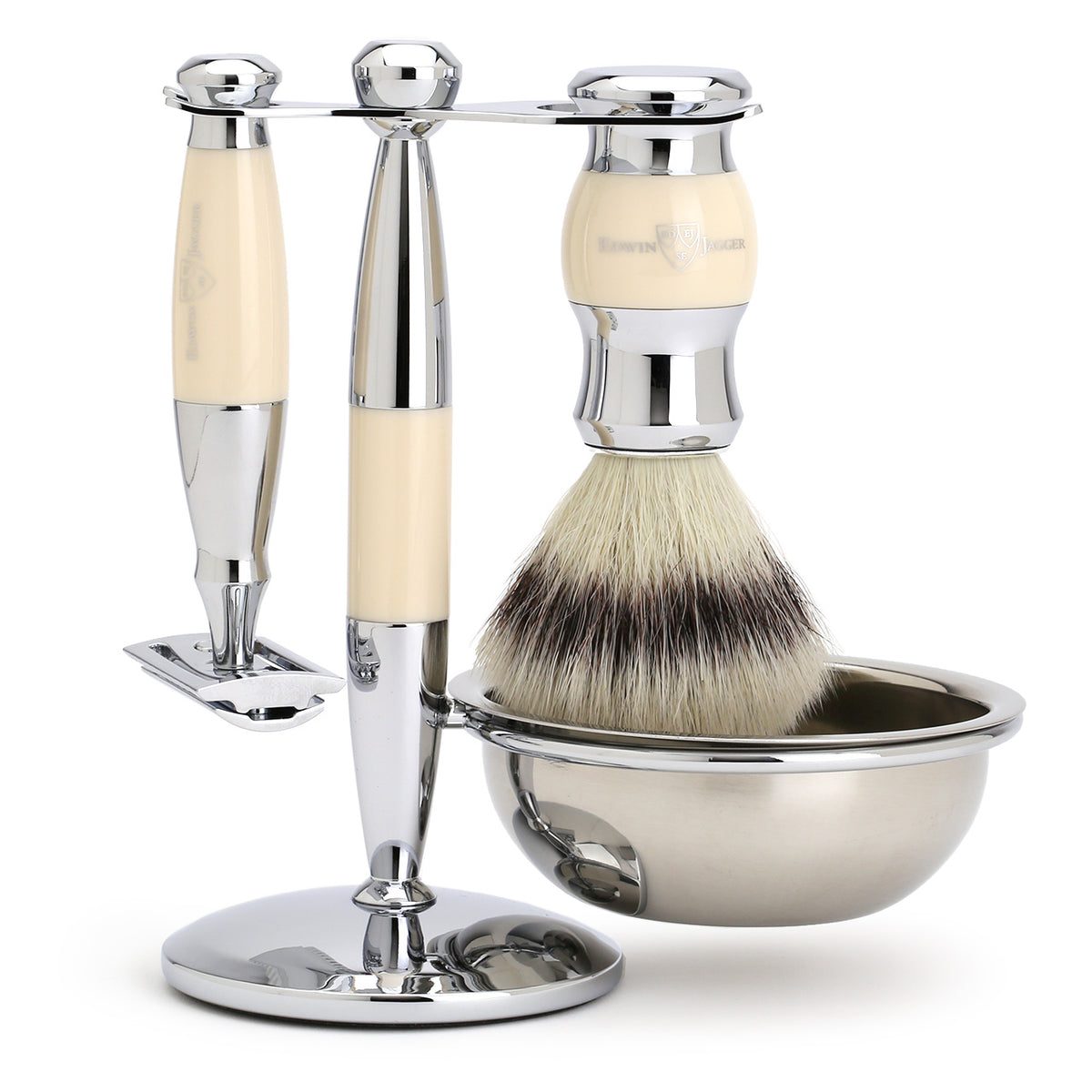 Edwin Jagger Shaving Set with Shaving Brush, Safety Razor, Stand and Soap Bowl - Imitation Ivory