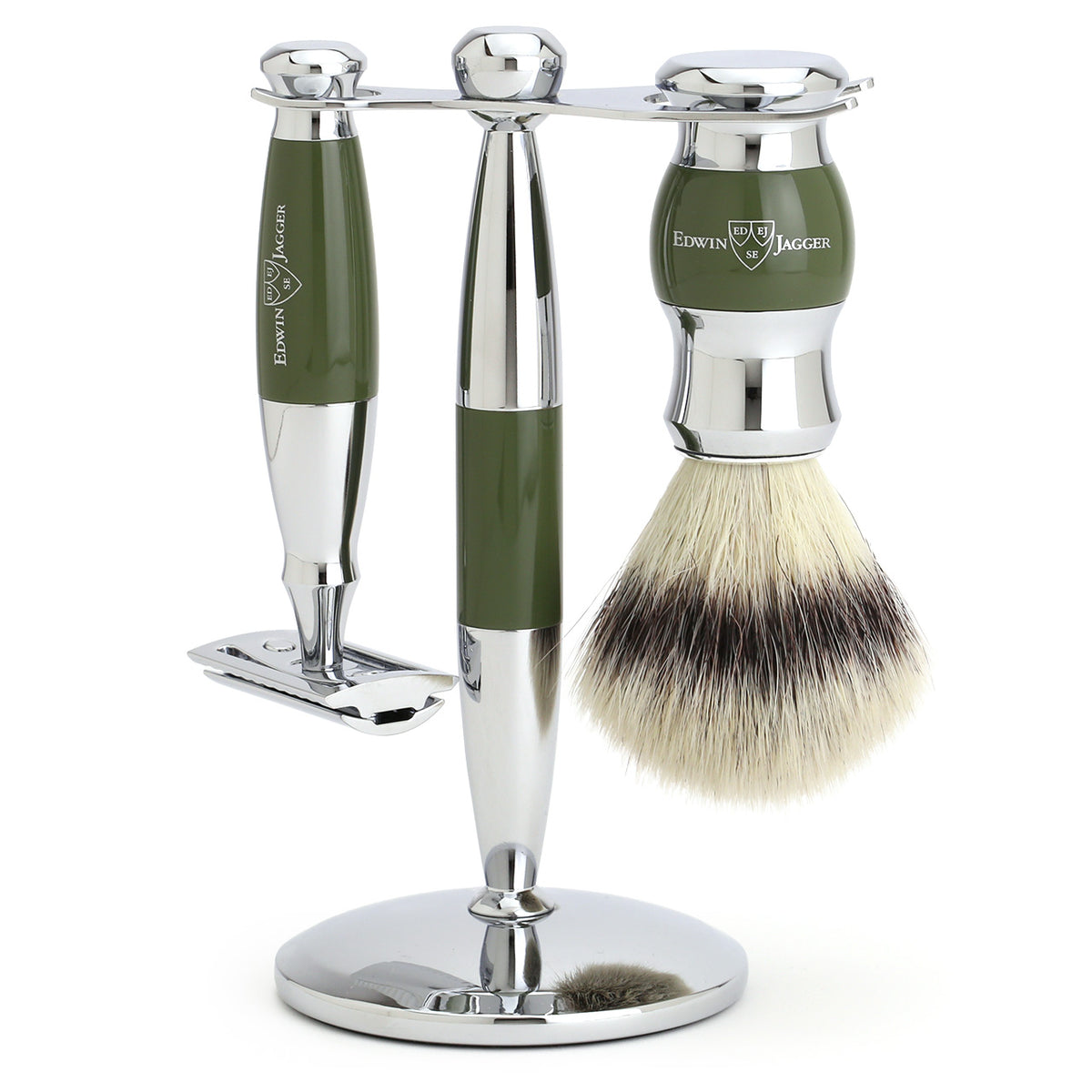 Edwin Jagger Shaving Set with Safety Razor, Shaving Brush and Stand - Olive Green