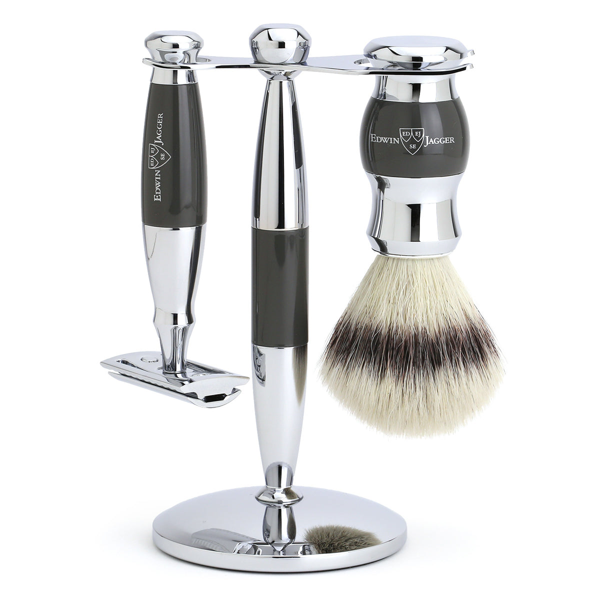 Edwin Jagger Shaving Set with Safety Razor, Shaving Brush and Stand - Grey