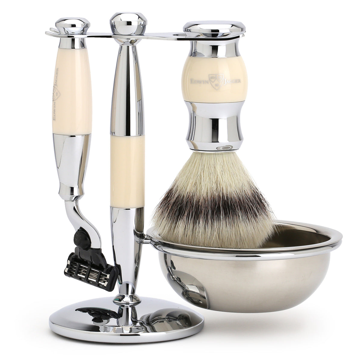 Edwin Jagger Shaving Set with Bowl, Shaving Brush, Mach3 Razor &amp; Stand - Imitation Ivory