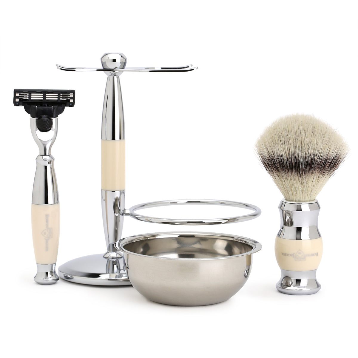 Edwin Jagger Shaving Set with Bowl, Shaving Brush, Mach3 Razor &amp; Stand - Imitation Ivory, disassembled