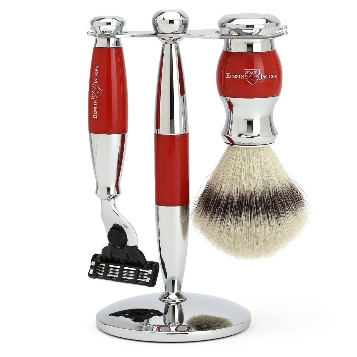 Edwin Jagger Shaving Set with Mach3 Razor, Shaving Brush &amp; Stand - Red