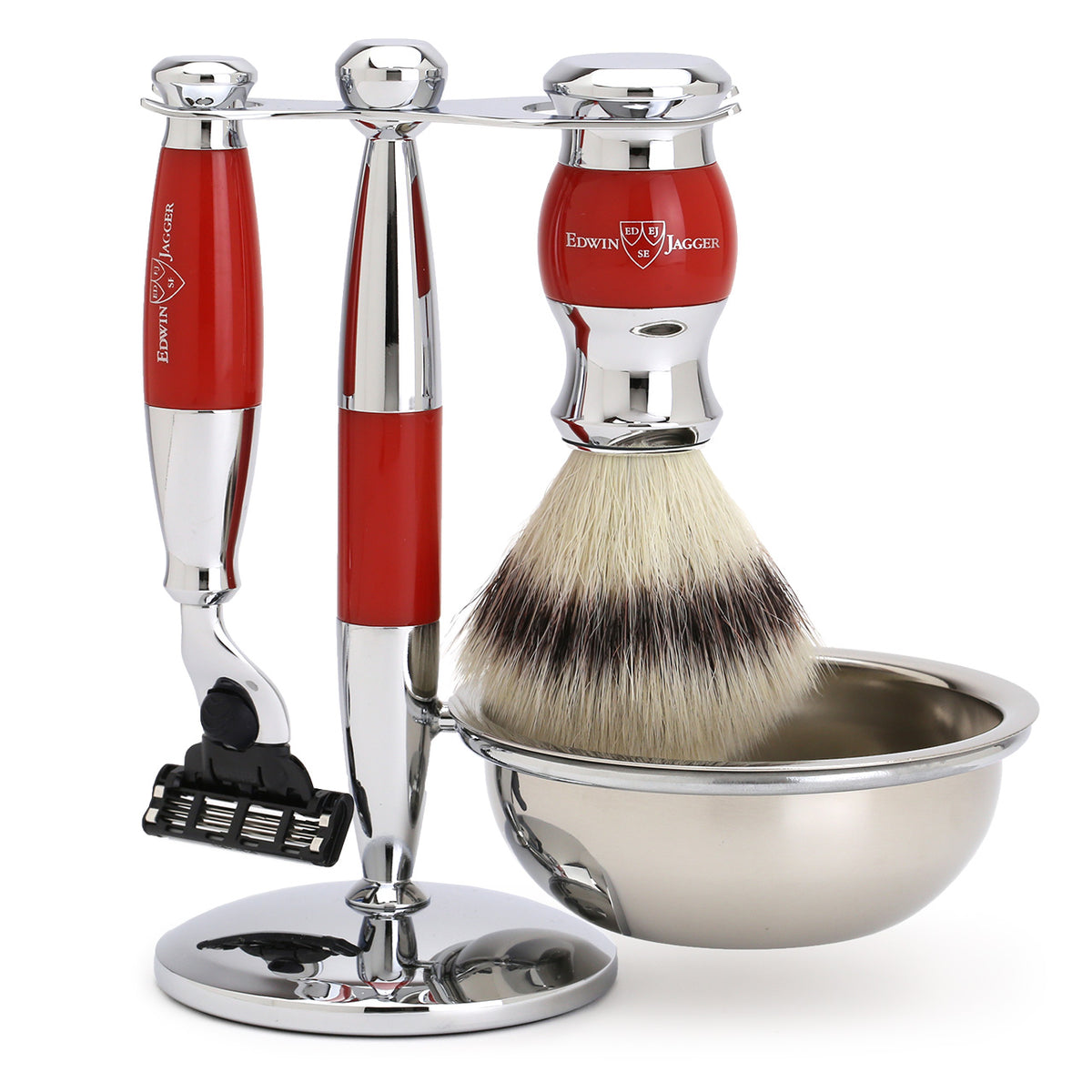 Edwin Jagger 4 Piece Mach3 Razor Set with Silvertip Synthetic Brush