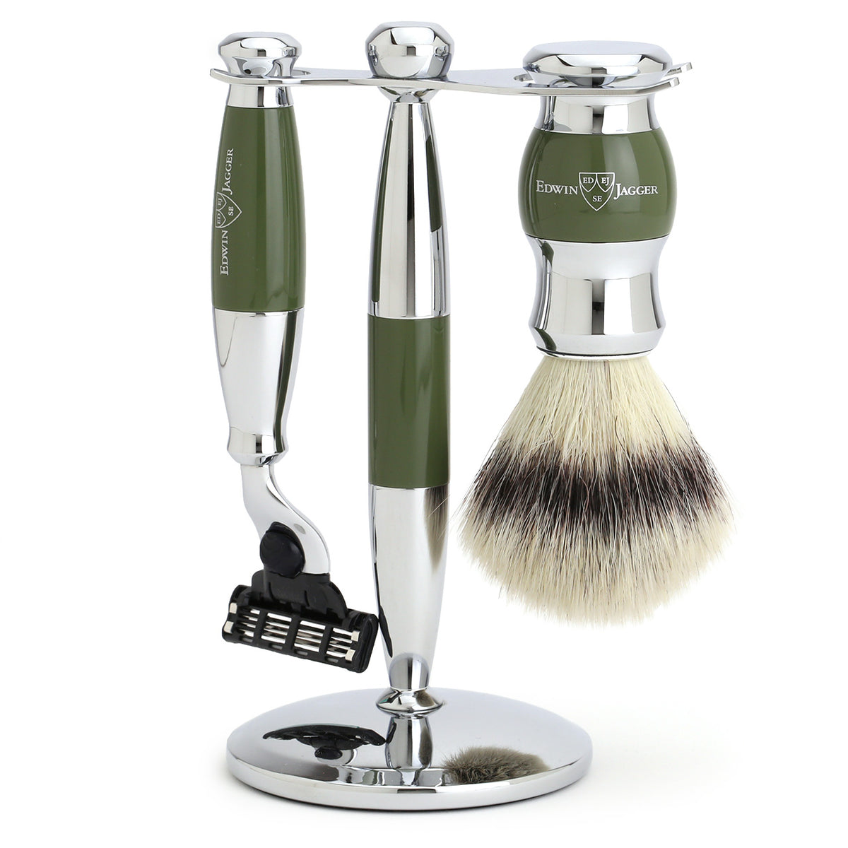 Edwin Jagger Shaving Set with Mach3 Razor, Shaving Brush &amp; Stand - Olive Green