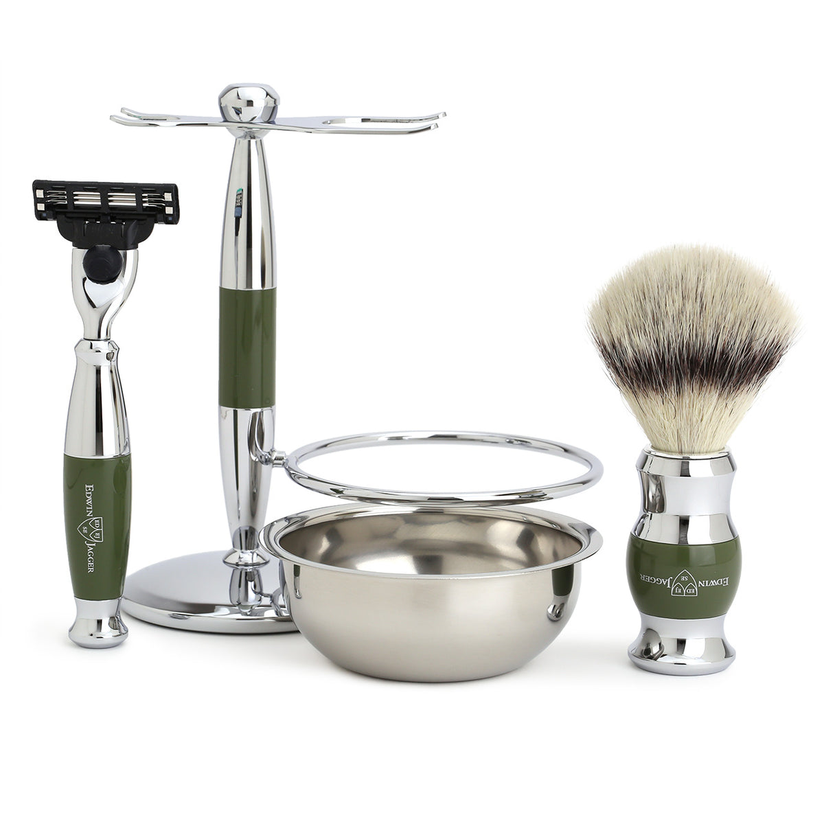 Edwin Jagger 4 Piece Mach3 Razor Set with Silvertip Synthetic Brush