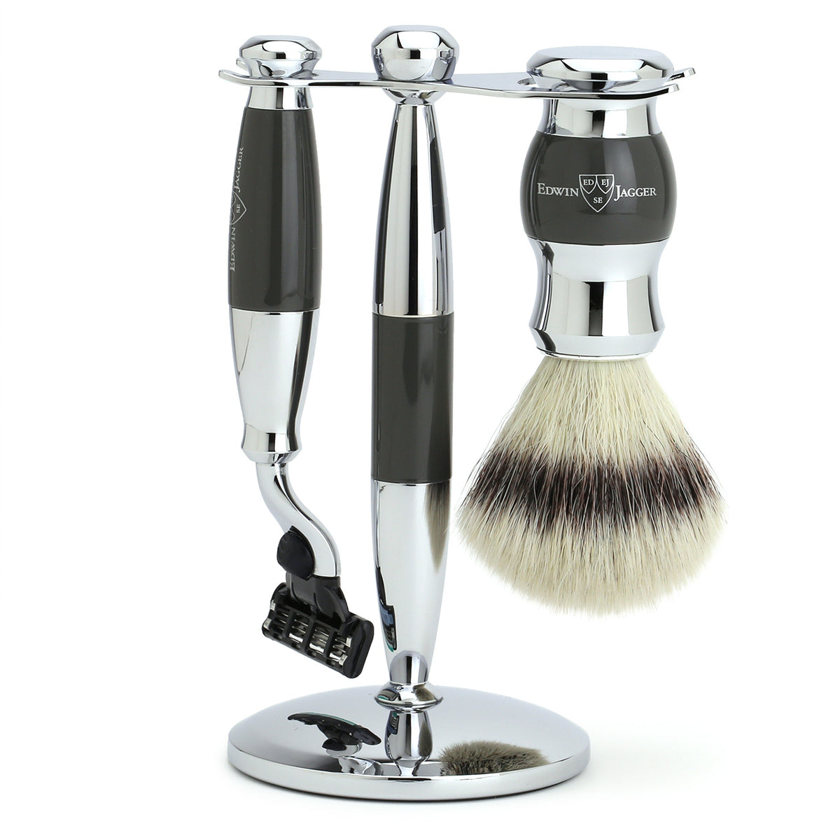 Edwin Jagger Shaving Set with Mach3 Razor, Shaving Brush &amp; Stand - Grey
