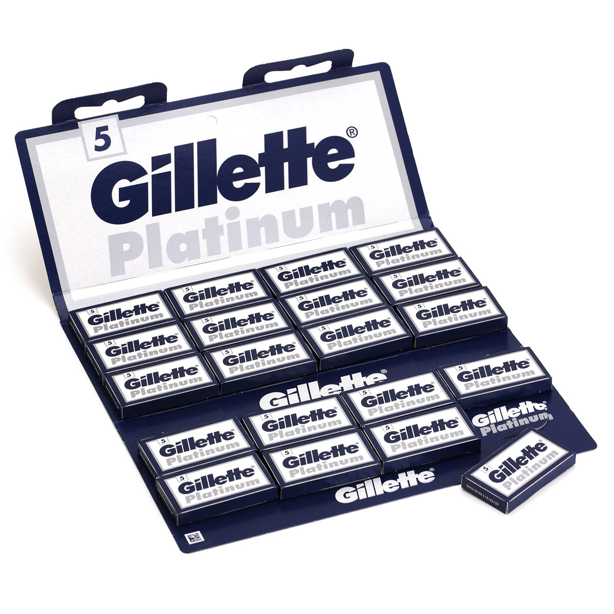 an unfolded pack of Gillette Platinum Double edge blades. 20 tucks of 5 blades inside a fold-up cardboard packet